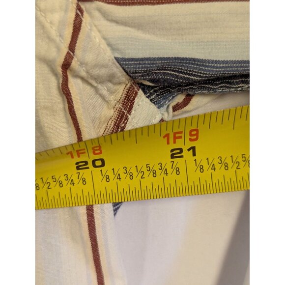 Bke67 Striped Long Sleeve "pearl" snap Shirt L Beige Blue Red Cotton - Picture 5 of 7